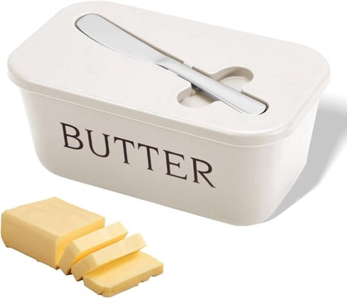 Boterbakje met deksel - inclusief mes - luchtdichte plastic botercontainer - geschikt voor gebruik op het aanrecht en in de koelkast - wit - 16,7 × 9,7 × 7,4 cm
