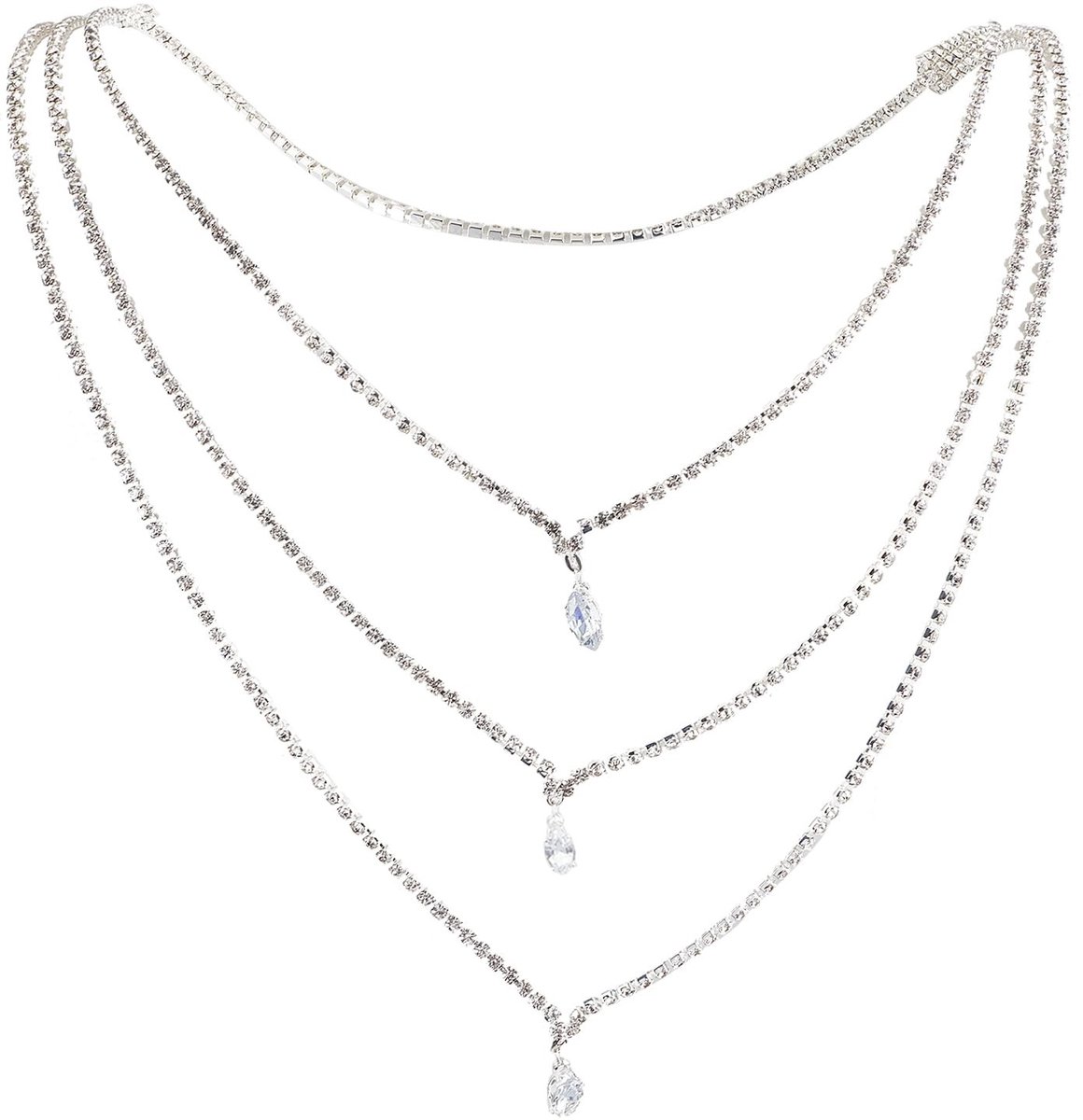Dailygoody - Dubbellaagse achterketting - Strass bikini schouderketting - Zilver - Bruids sieraden - Perfect voor feest en bruiloft - Inclusief 1 stuk