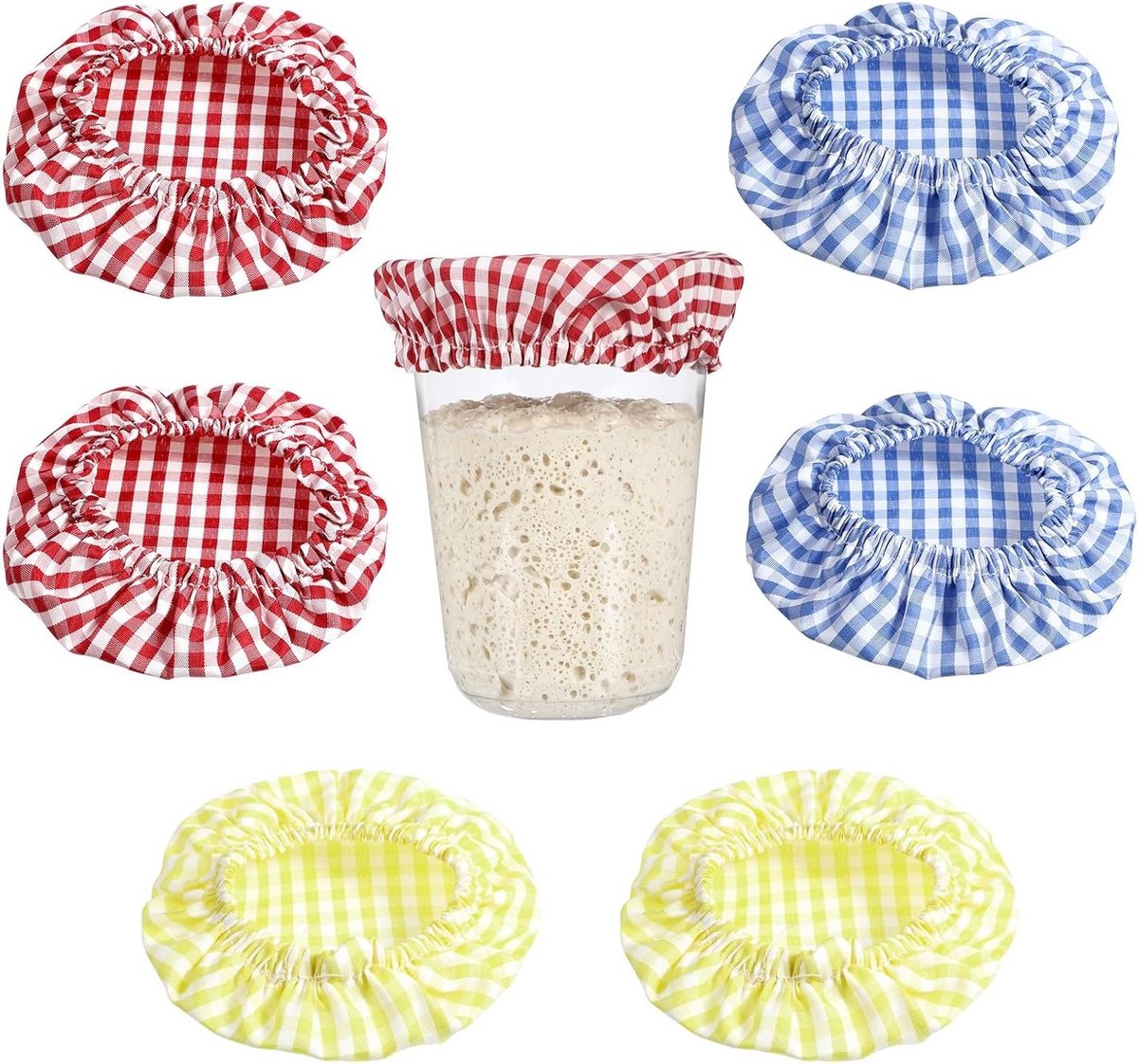 Herbruikbare potdoek covers voor zuurdesemstarter - Elastische hoes voor deegmanden en bakken - Set van 6 stuks in blauw, rood en geel voor 7-10 cm potten
