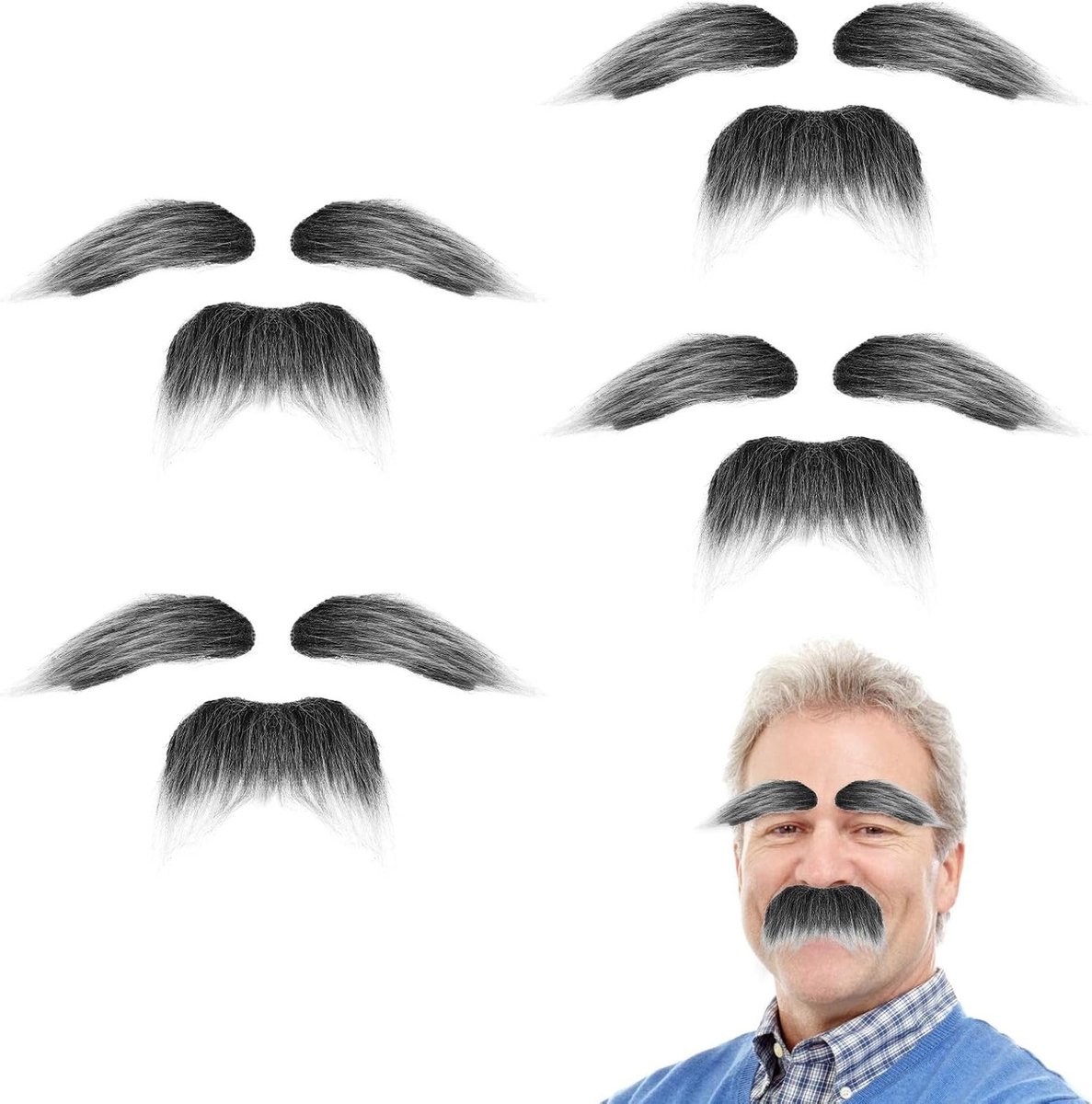 Set van 4 Nepwimpers en Grijze Snor voor Kostuums, Grappige Baarden, Cosplay en Feestaccessoires voor Volwassenen, Perfect voor Halloween en Kerstfeest