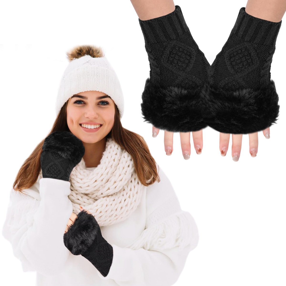 Dailygoody - Halve vingerloze handschoenen - Warme gebreide handschoenen - Zwart - Voor dames en meisjes - Perfect voor koude dagen