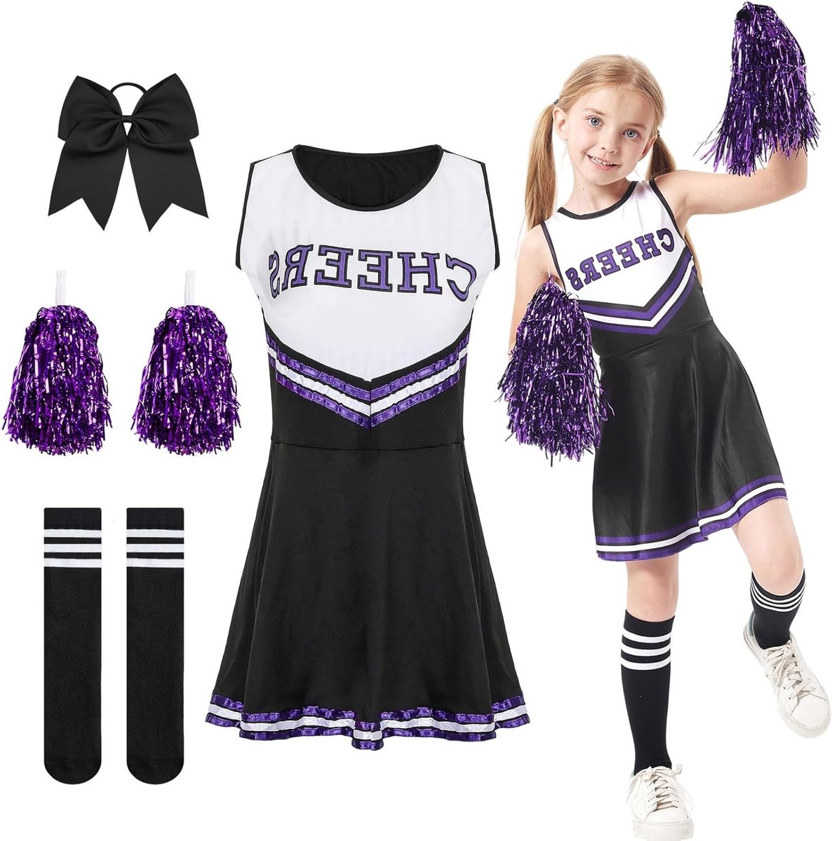 Carnavalsjurk voor Meisjes, Cheerleader Kostuum met Bobble en Strik Haarspeldjes voor Feestelijke Gelegenheden
