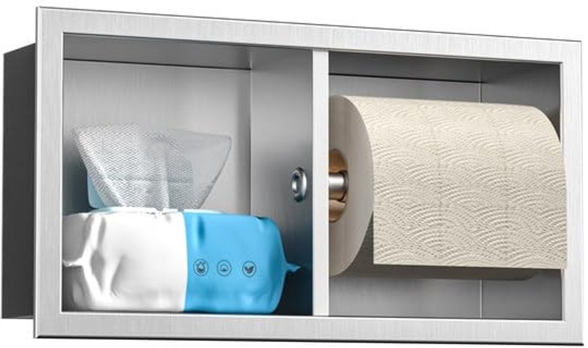Dailygoods - Dailygoody - Inbouw toiletpapierhouder - Roestvrij staal - Duurzaam en stijlvol - Geborsteld - Wc-papierhouder met opslag - Ideaal voor badkamer - Zil