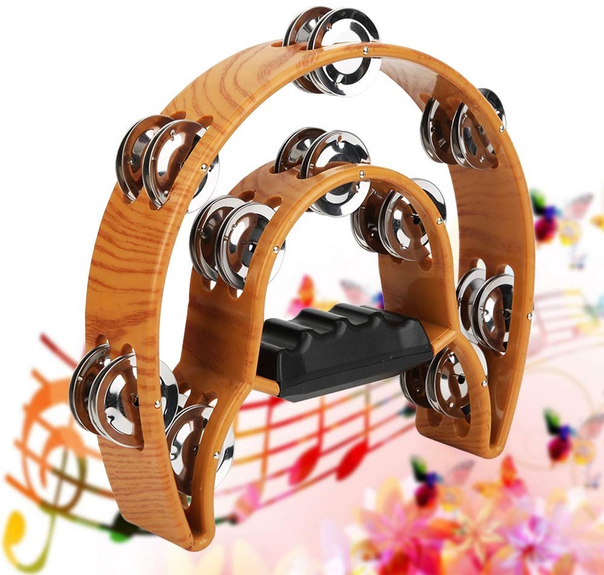 Dailygoods - Dailygoody - Tamboerijn - Dubbele Rij - Ergonomische Handgreep - 8 Inch - Metalen Jingles - Geschikt voor Kerk en Dans - Houten Halve Maan