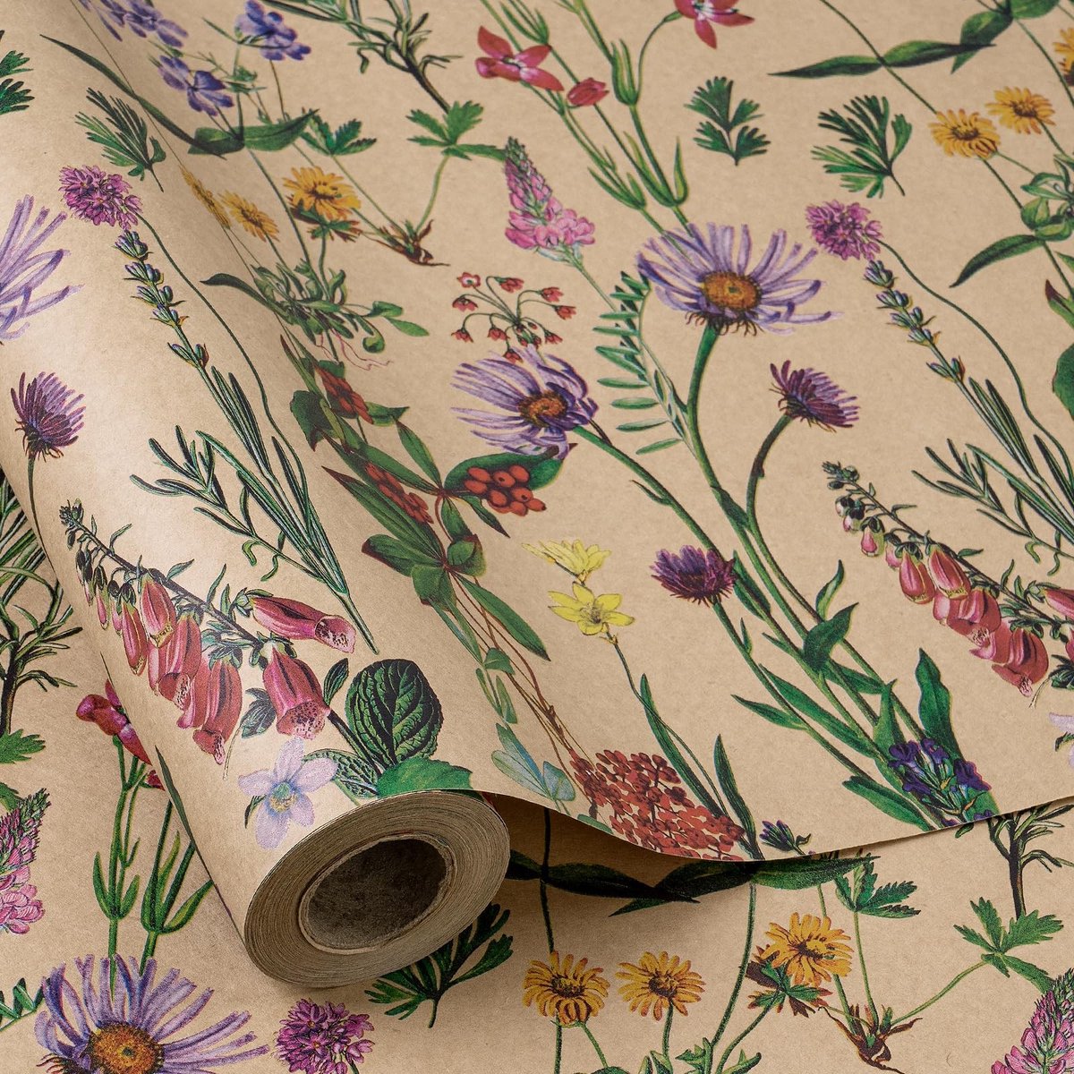 Dailygoods - Dailygoody - Kraftgeschenkpapierrol - Cadeaupapier - Minirol - 43,2 cm x 10 m - Wildebloemendesign - Verjaardagen en feesten - Geschikt voor babyshowers