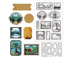 GLOBLELAND Landschap Frame Stempel en Snijmallen Set voor Kaarten Maken Mount Fuji Achtergrond Siliconen Clear Stempel Metalen Planten Dennen Bomen Die Cuts Voor DIY Scrapbooking Fotoalbum