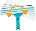 Turquoise raamwisser met witte en lichtblauwe strepen, op witte achtergrond. Pijlen geven beweging aan.