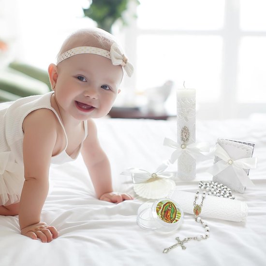 Christening Candle Set for Boys Girls, White 5 Pcs Kit Virgen De Guadalupe Catholic Candle, Christening Towel, Christening Shell, Rosary, Bible Baby Devotion Baptism Gift, Velas para Bautizo Niño — afbeelding 3