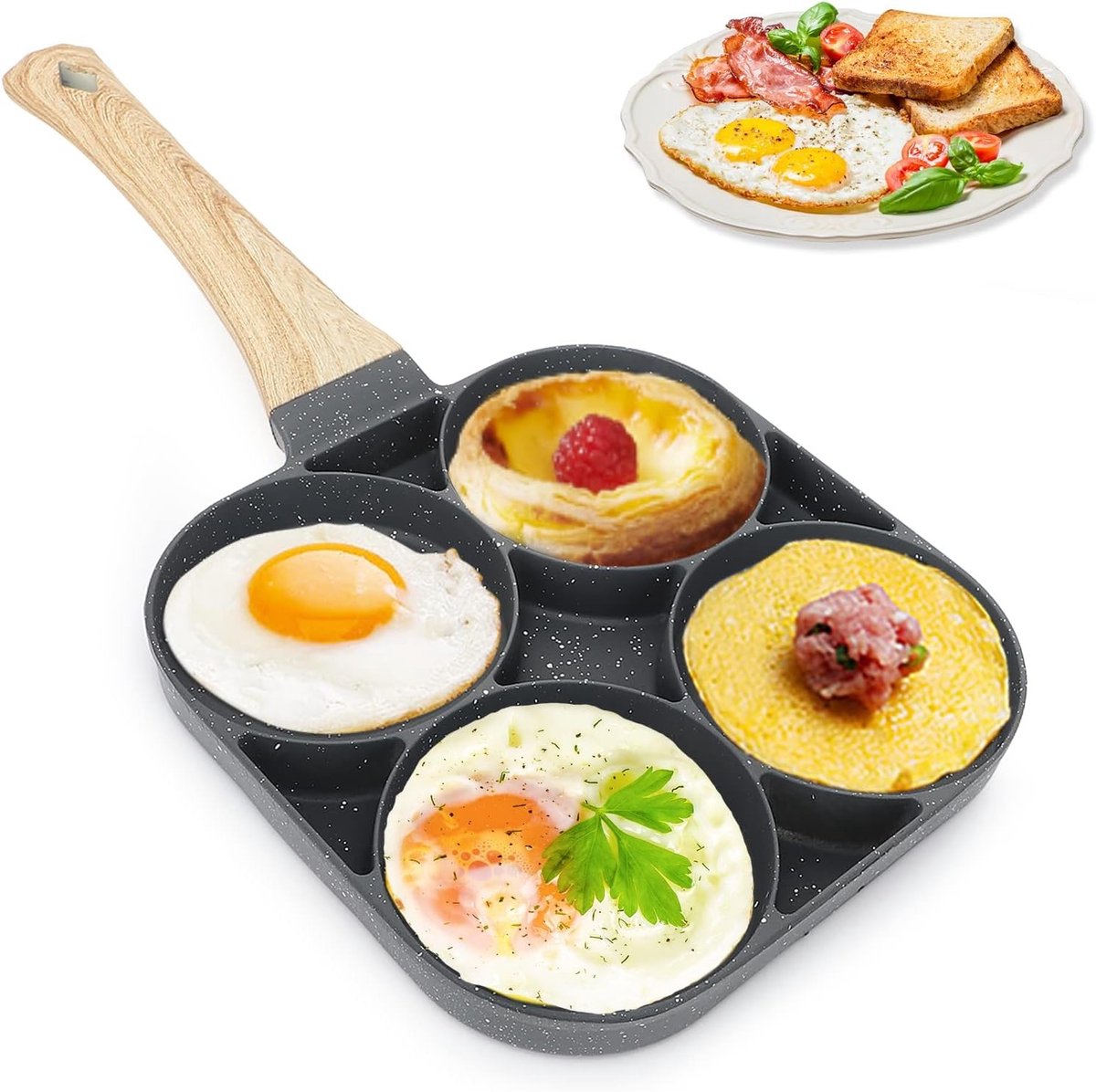Pannenkoekenpan met 4 gaten, anti-aanbaklaag van aluminium voor pannenkoeken, eieren en hamburgers, geschikt voor inductie en gasfornuis
