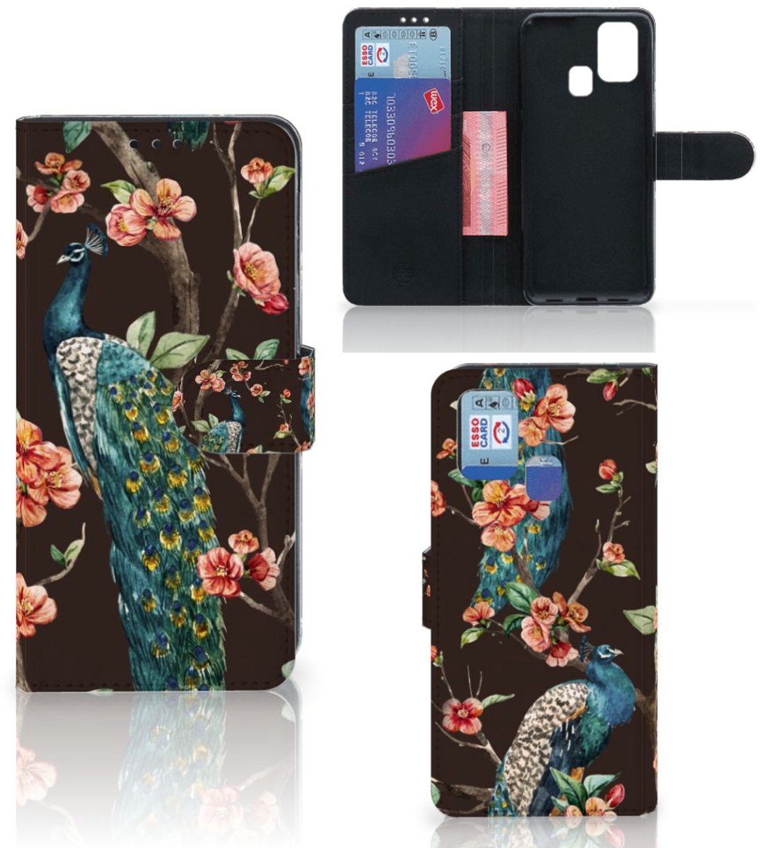 Samsung Galaxy M31 Telefoonhoesje met Pasjes Pauw met Bloemen