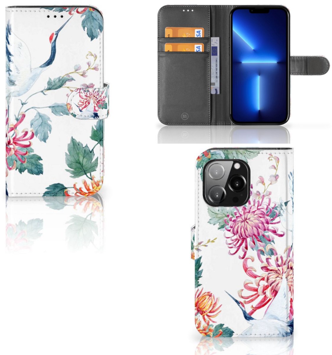 iPhone 13 Pro Telefoonhoesje met Pasjes Bird Flowers