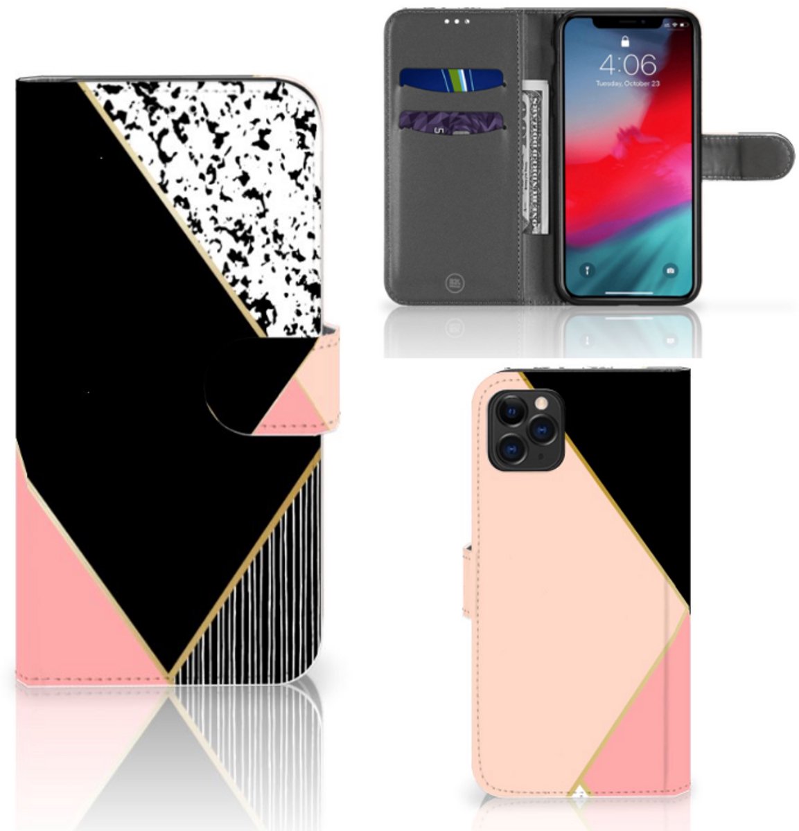Apple iPhone 11 Pro Max Book Case Zwart Roze Vormen