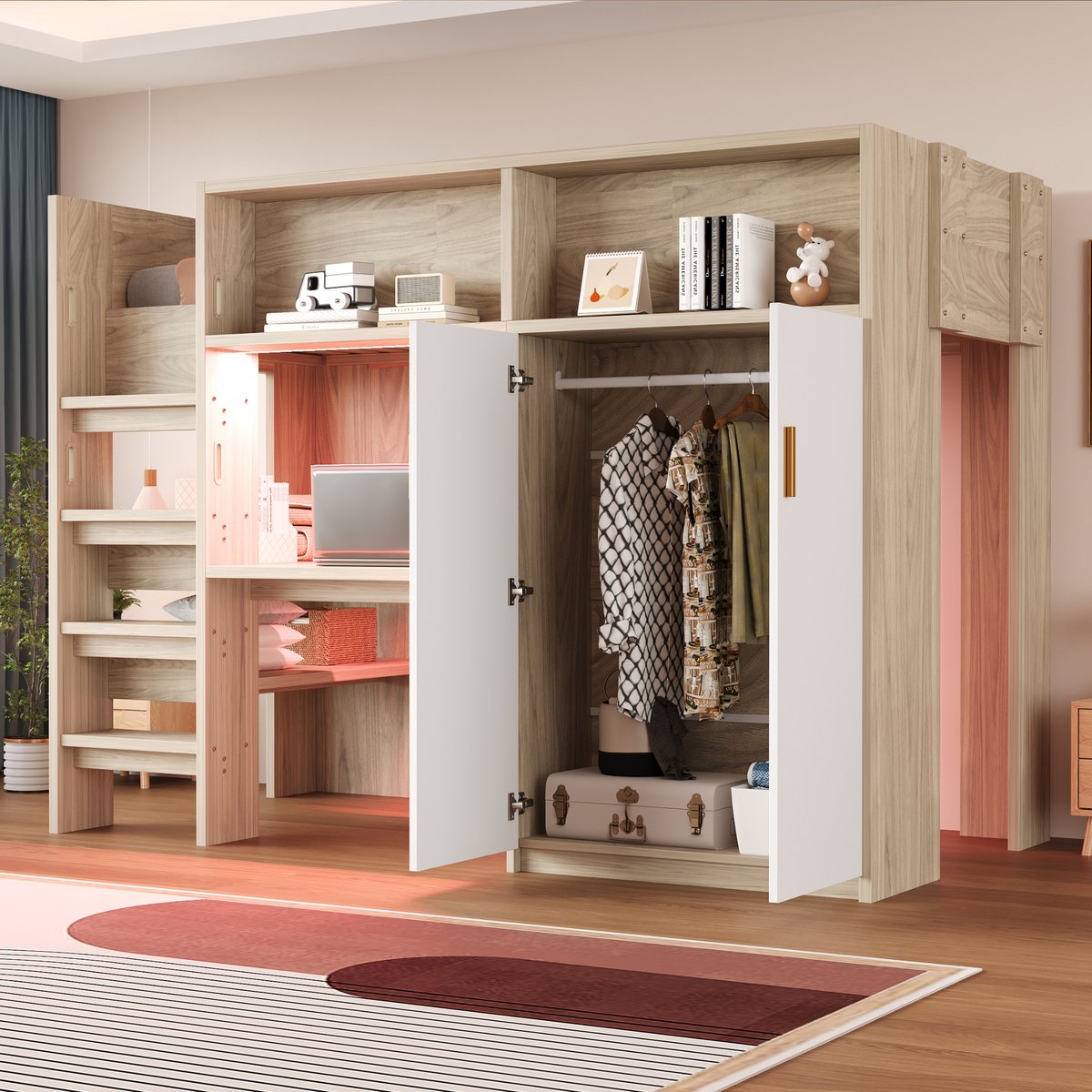 Hoogslaper 90x200 cm - met bureau - kledingkast - boekenplank - opbergvakken en LED-verlichting - houtkleur - zonder matras