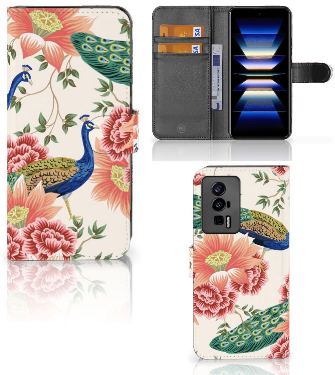 Telefoonhoesje met Pasjes voor Xiaomi Poco F5 Pro Pink Peacock