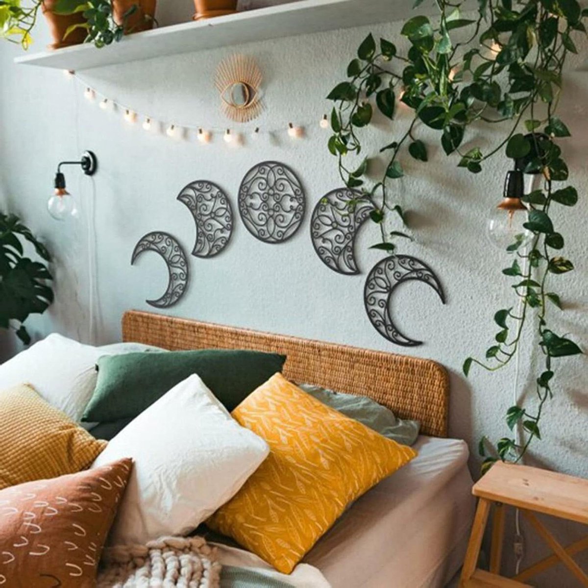 5 stuks maanfase muur decor,Boho maanfase muur opknoping kunst,DIY boven bed hoofdeinde de
