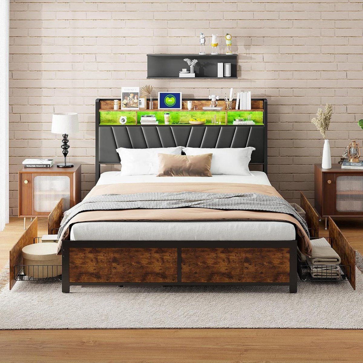 Bedframe met Laden - Metalen Bedframe - Opbergen en Laden - Geintegreerd Laadstation - 140 x 200 cm - Zwart