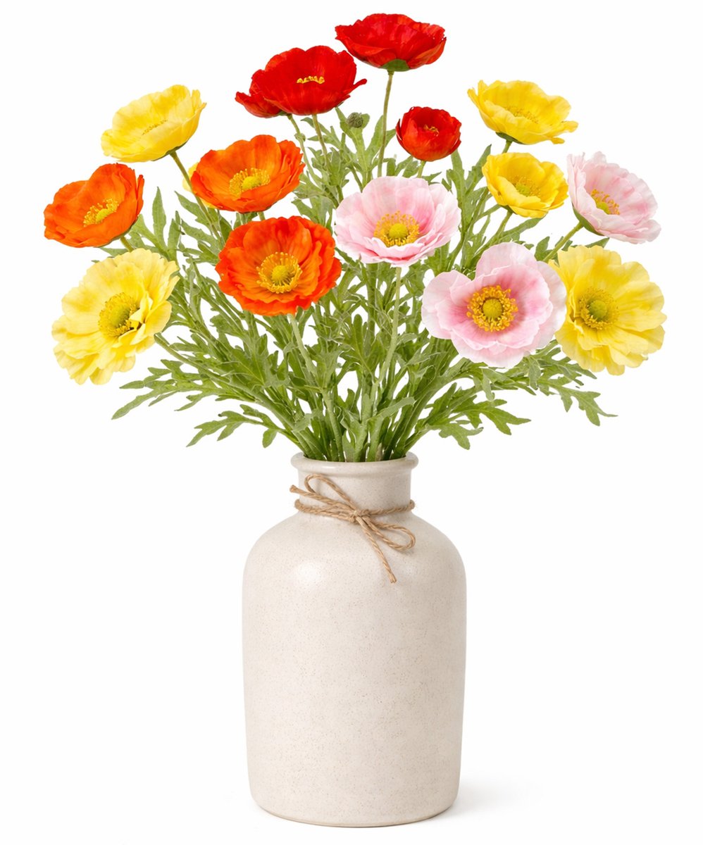 Boeket Kunstbloemen Klaprozen Poppy - H62 cm - 4 kleuren mix - 10x stelen kunstbloemen - bloemetjes