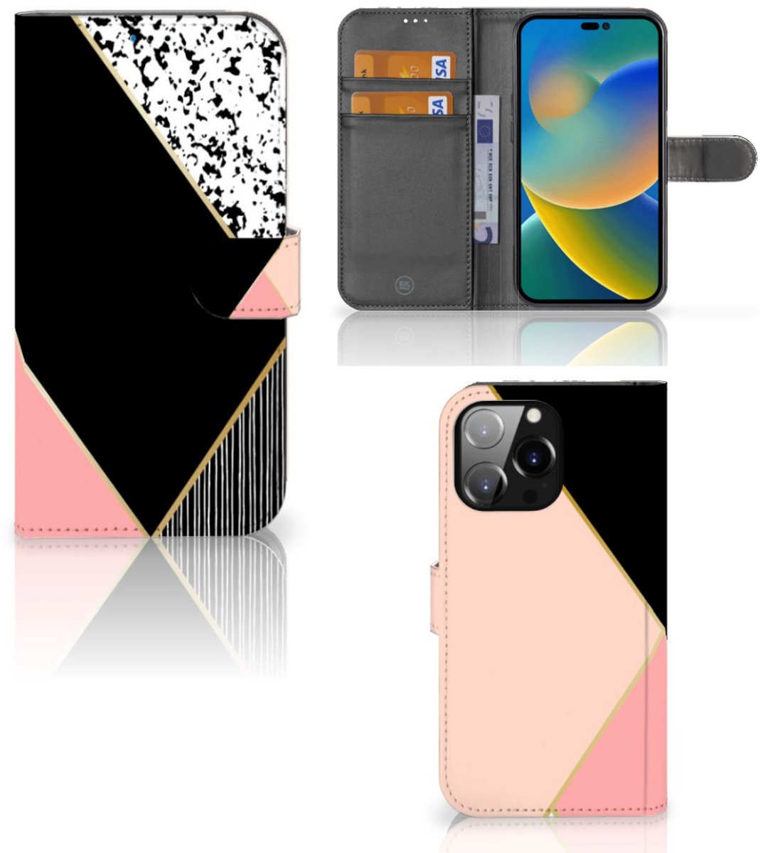 iPhone 14 Pro Max Book Case Zwart Roze Vormen