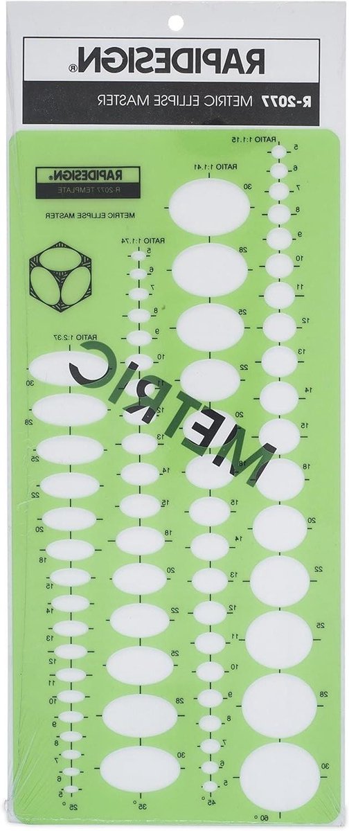 Metrische Ellipsen Sjabloon - Tekensjabloon Ellipsen - Tekenen van Ellipsen - 68 Ellipsen met Projecties - 5mm tot 30mm - Transparant