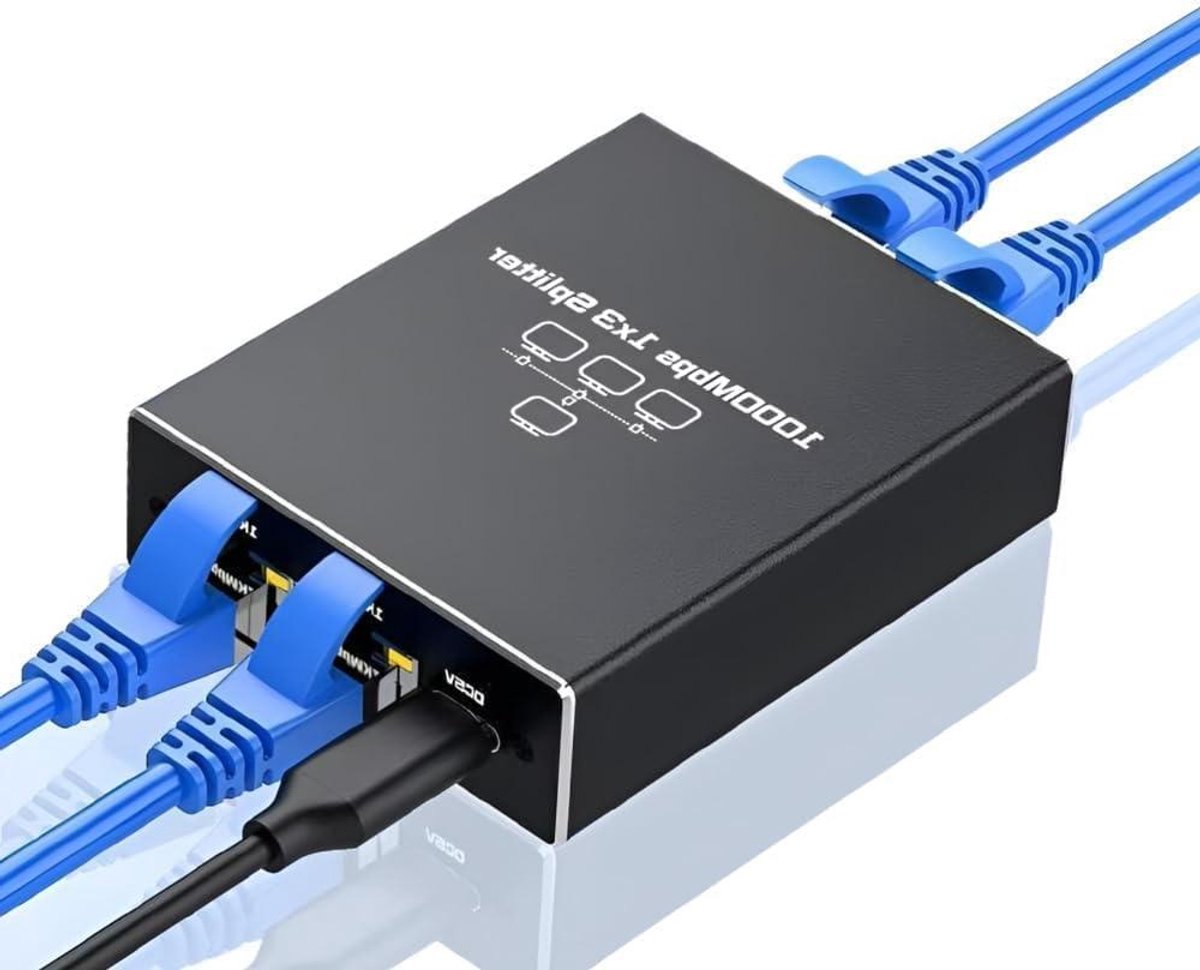 Ethernet Splitter Adapter - LAN Verlengstuk - Internet Delen - Drie Gelijktijdige Poorten - 1000 Mbps - Blauw