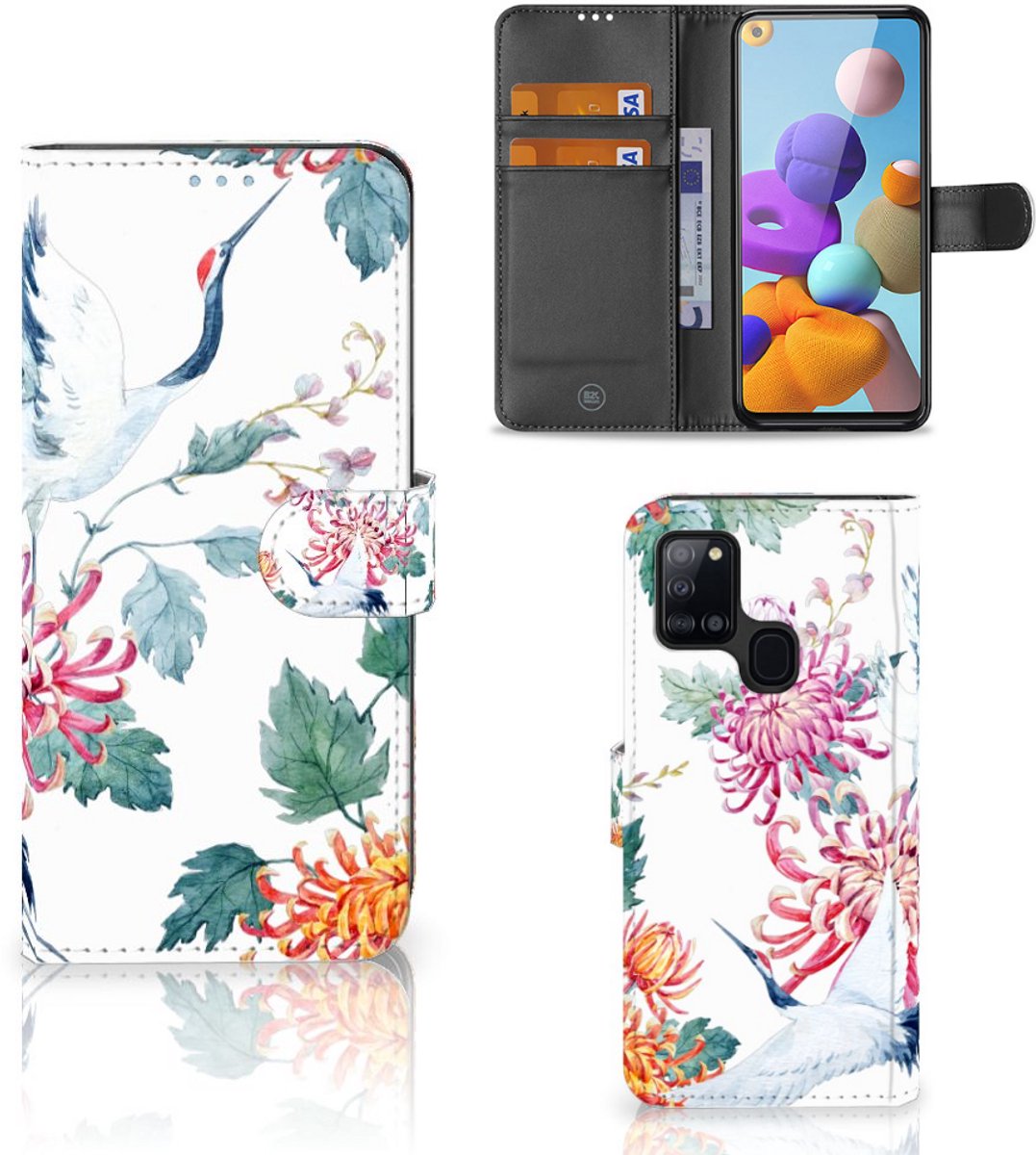 Samsung Galaxy A21s Telefoonhoesje met Pasjes Bird Flowers
