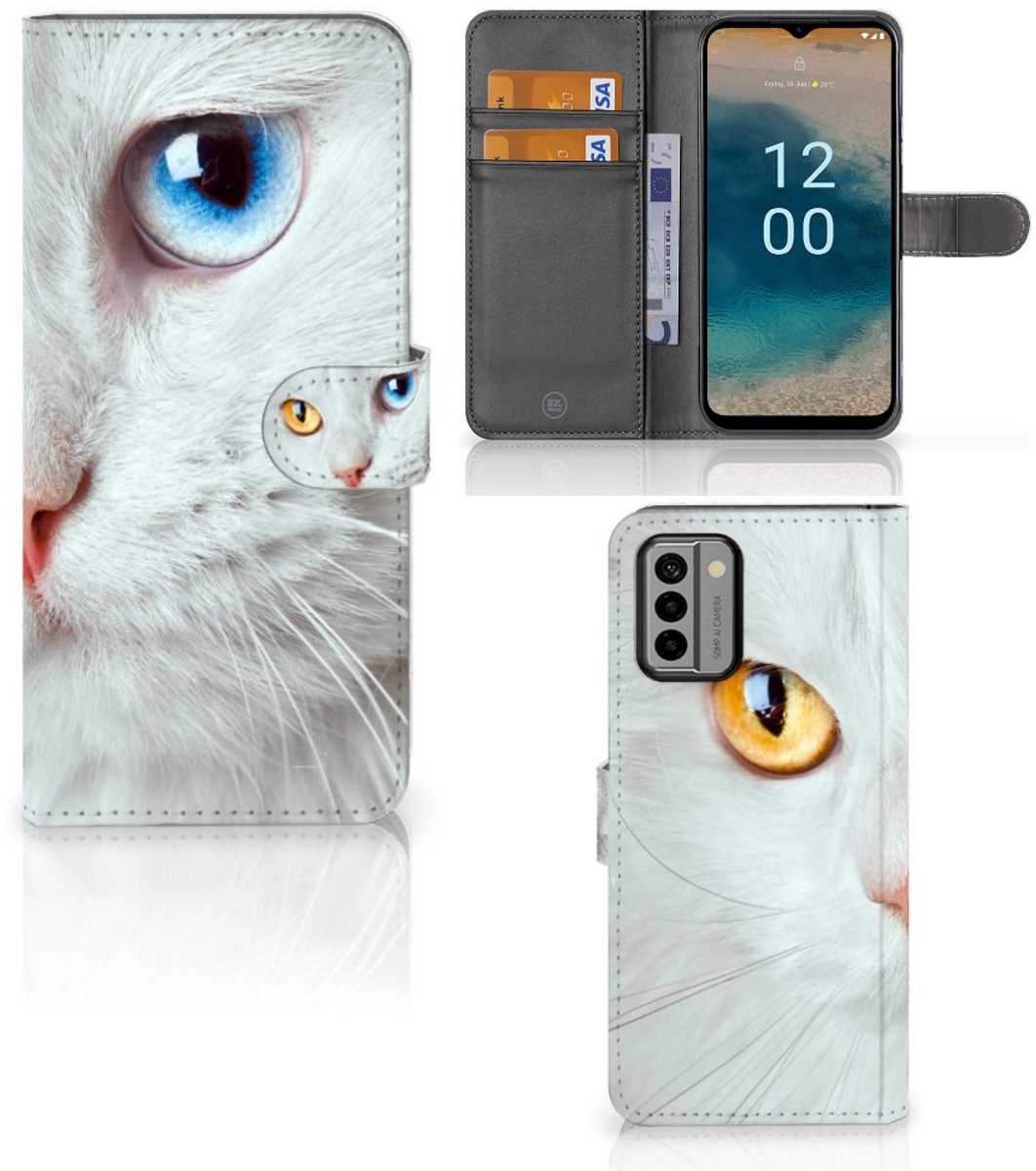 Nokia G22 Telefoonhoesje met Pasjes Witte Kat