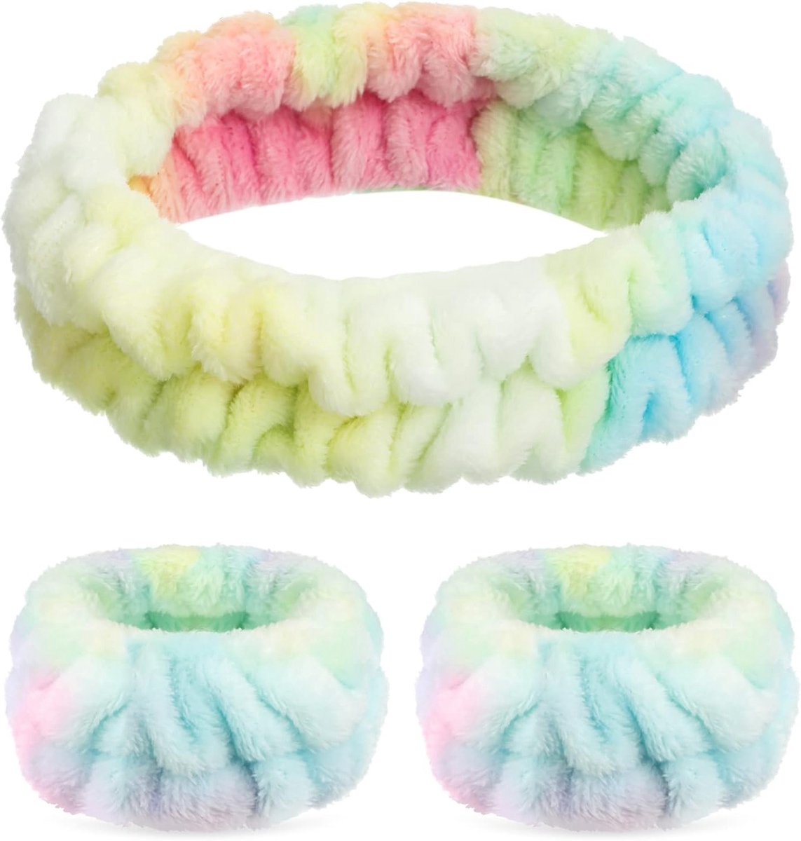 Zachte en Elastische Set van 3 Hoofdbanden en Polsbanden voor Make-up en Spa, Ideaal voor Bad en Schoonheidsbehandelingen (Kleurverloop, Fluffy)