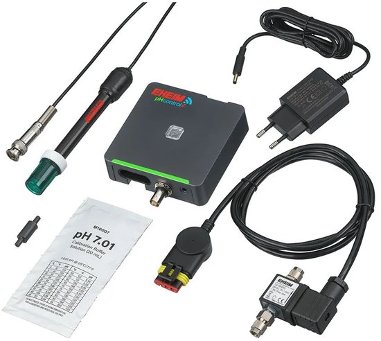 EHEIM pHcontrol+e set: pH-controller, elektrode, magneetventiel, voedingsadapter, kalibratievloeistof en kabels.
