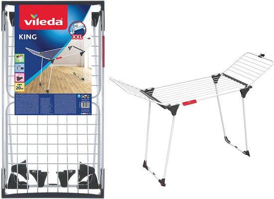 Vileda King sèche-linge avec indication 'XXL', avec un emballage et un étendoir déplié.