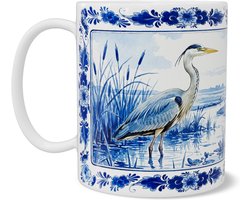 Delft Blauw Stijl Mok Blauwe Reiger Ardea Cinerea in Polder met Molen Aquarel - Delft Blue Series Vogel Illustratie Beker - Hollands Waterlandschap - Cadeau voor Natuurliefhebber en Vogelaar
