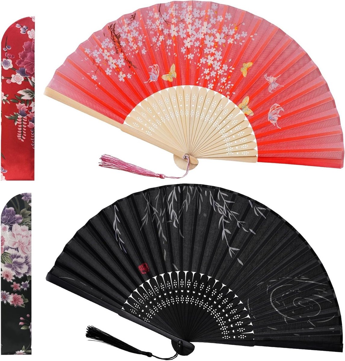 Floral Handfächer van Zijde en Bamboe met Kwast - Perfect voor Dans, Bruiloften en Feestdecoratie, Set van 2