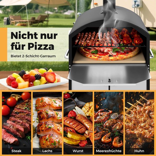 COSTWAY Outdoor pizzaoven, 2-laags pizzaoven met grillrooster, pizzaschep, vierkante steen, waterdichte afdekking, draagbare brander, houtkachel voor picknick, BBQ-party, camping — afbeelding 5