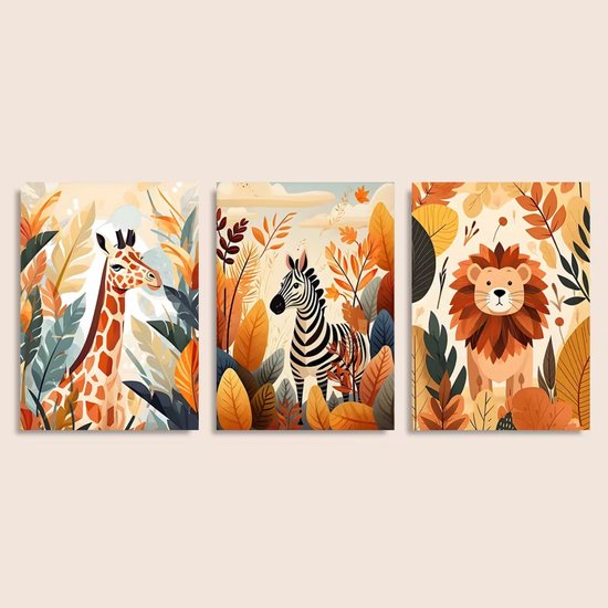 Lot de 3 toiles « Animaux de safari colorés » - 30x40cm - Affiches sans cadre - Girafe - Zèbre - Lion - Décoration murale - Chambre de bébé - Chambre d'enfant