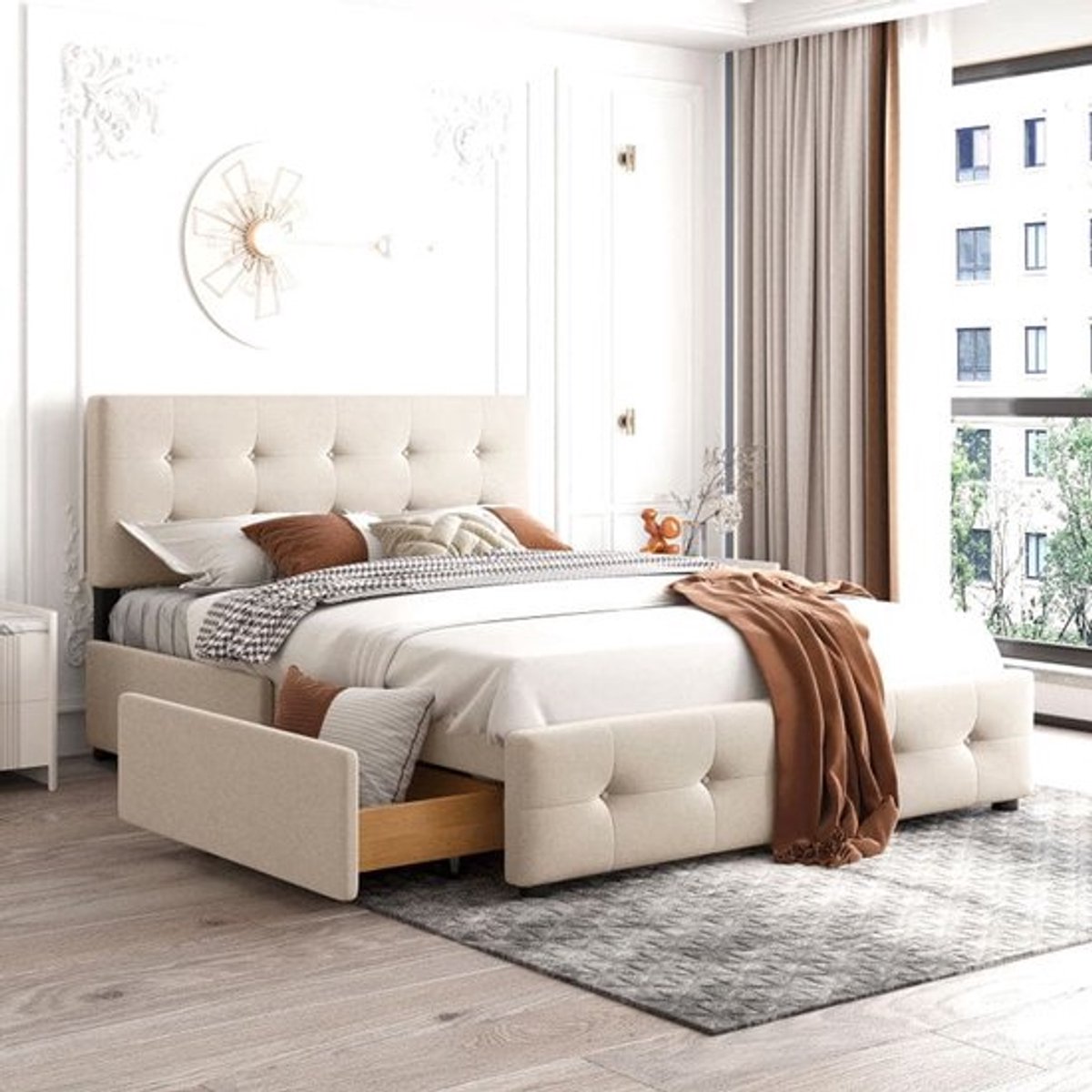 Bedframe – Tweepersoonsbed – Gestoffeerd Bed – Slaapbank – Platformbed – Beige Gestoffeerd