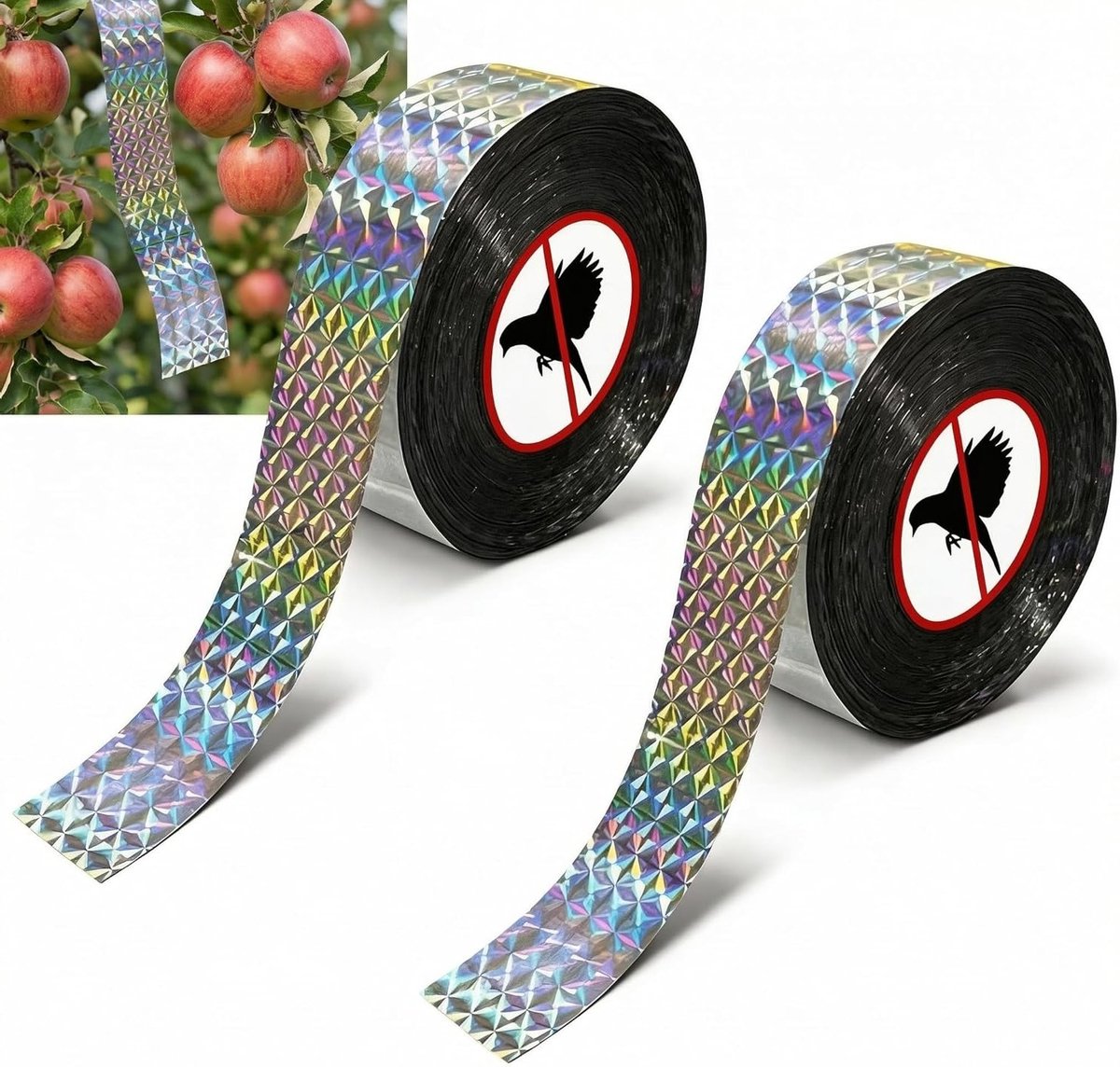 Dubbelzijdige reflecterende vogelafweerband, 2 rollen van 100 m x 2,4 cm voor tuinen, daken en binnenplaatsen, effectief en duurzaam