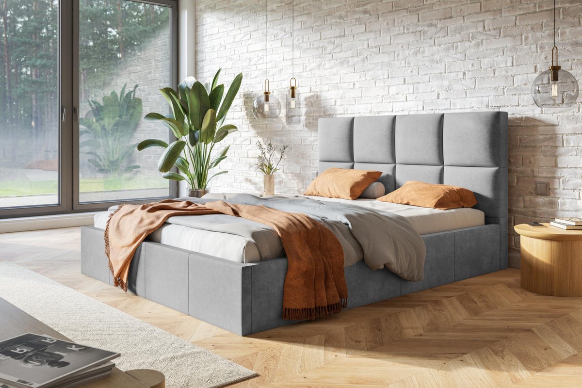 Roma Slim gestoffeerd bed met hoofdeinde, 160 x 200 cm, tweepersoonsbed met bedlade en lattenbodem van hout, kleur: grijs, velours stof