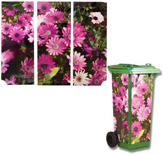 Drie panelen met roze bloemen, naast een groene afvalbak met bloemenprint.