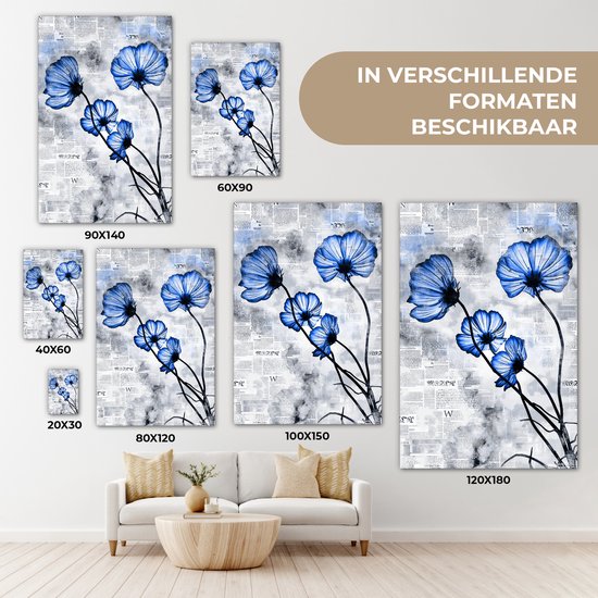 Toile Peinture Fleurs - Journal - Blauw - 80x120 cm - Décoration murale