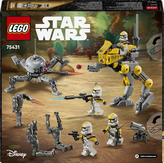 LEGO Star Wars 75431 Battle Pack avec des Clone Troopers jaunes et blancs, des Battle Droids et des véhicules.