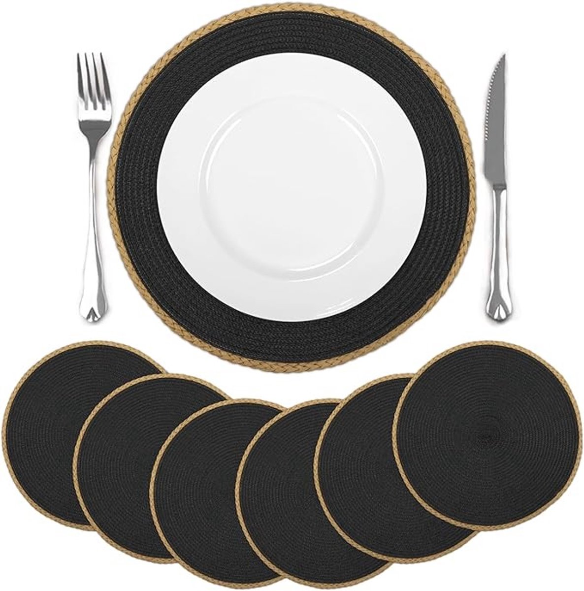 Set van 6 Ronde Zwarte Tafelmessensets 36x36cm Antislip & Hittebestendig
