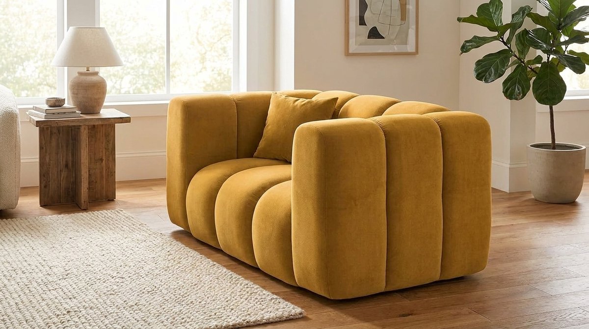 2-Zits Fauteuil - Industrohome Grand Lounge Relaxfauteuil Geel - Velours Stoffen Loveseat - Kleine Bank voor Woonkamer & Slaapkamer - Moderne Gestoffeerde Fauteuil met Sierkussens