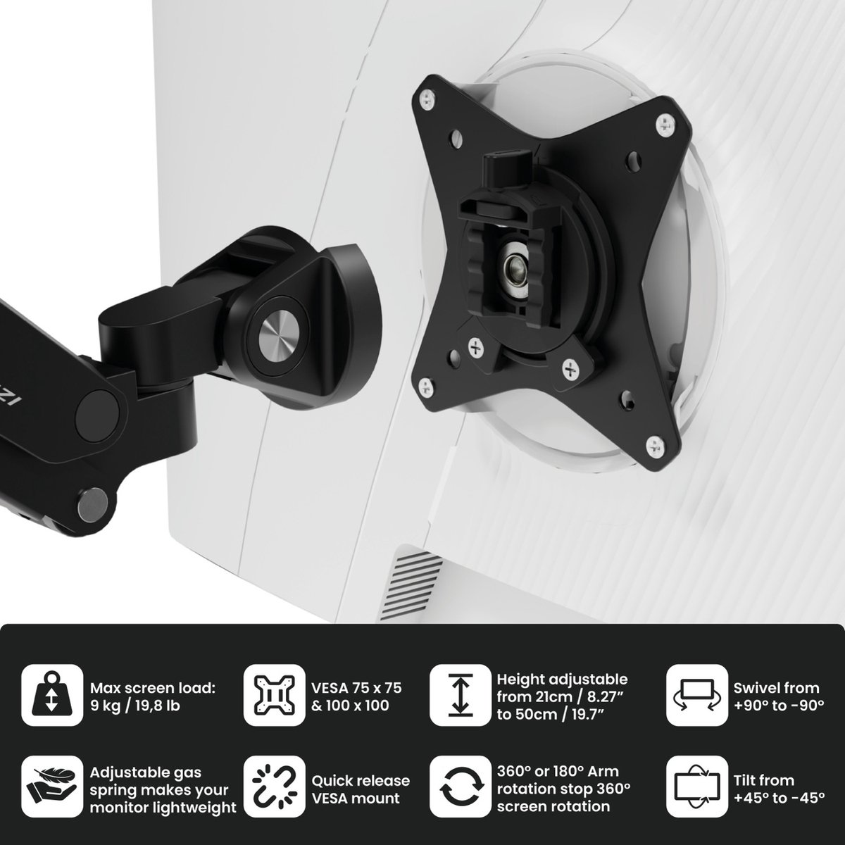 Arozzi Alzare Neo Dubbele Monitor Arm - Gasfeder - Zwart thumbnail 6