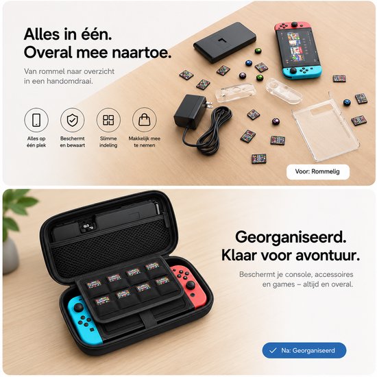 Een Switch-console, oplader en games liggen verspreid. Een geopende hoes toont een Switch, controllers en games.