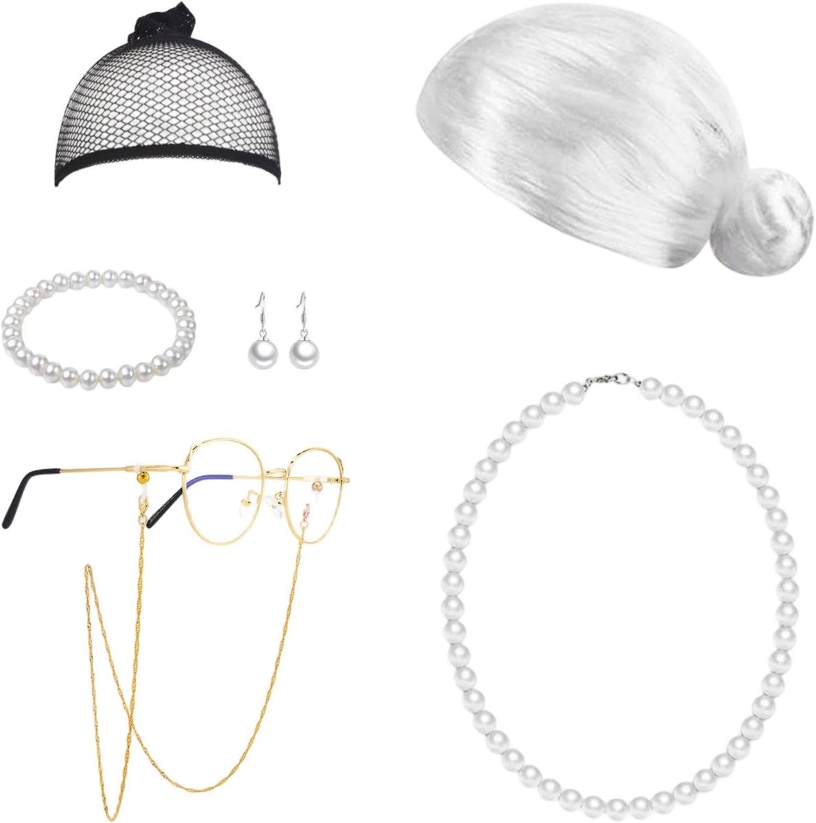 Oudere Dame Kostuum Set voor Halloween en Carnaval met Perlenketting, Hoed en Bril Accessoires