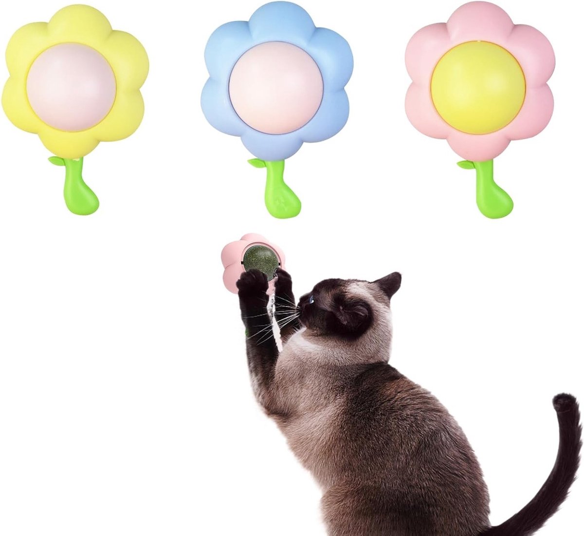 Set van 3 kattenspeeltjes met catnip, 360 graden draaibare ballen voor tandreiniging en speelplezier voor katten