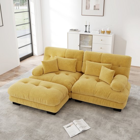 Wishdor Hoekbank Met Ottoman - Modulair En Diepe Zitting - Cloud-Look - Voor Woonkamer - Chenille - Geel - Met Sierkussens