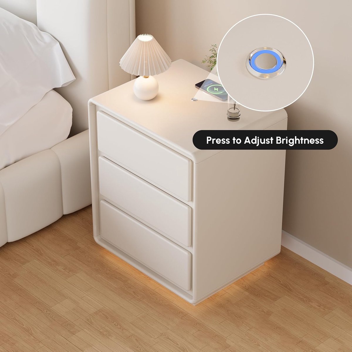 Nachtkastje met Draadloos Opladen en LED Verlichting 60x40x50 cm – 3 Laden – Smart LED Nachtkastje met USB Poorten, Dimbare Verlichting en Oplaadstation voor Slaapkamer – Wit – Mobili Bella