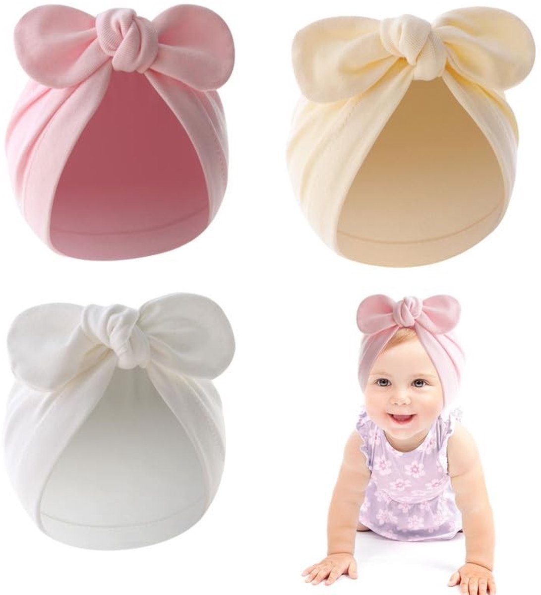 Dailygoods- Babymuts Set van 3 - Katoenen Babymutsjes - Schattige Strik - Uniseks - Ademend - Comfortabel voor Pasgeborenen - Babyhoed