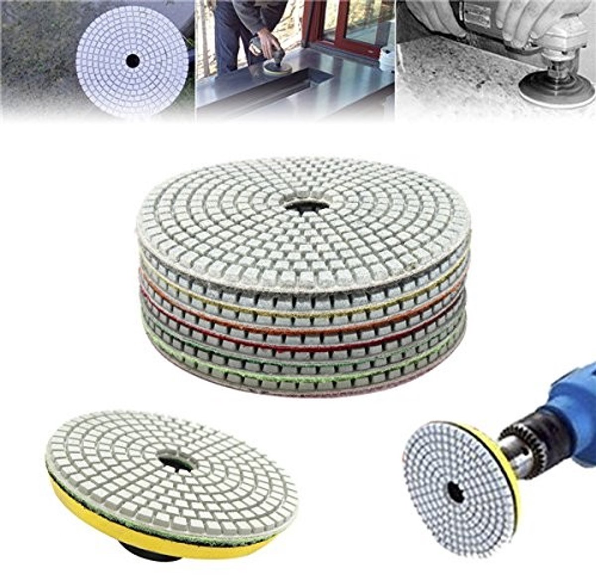 Dailygoods- Polijstschijf 125 mm - 7-delige Set - Diamant Polijstschijven - Geschikt voor Graniet/Glas/Marmers/Beton - 50-3000 Grit - Flexibel en Praktisch - Schuurpad