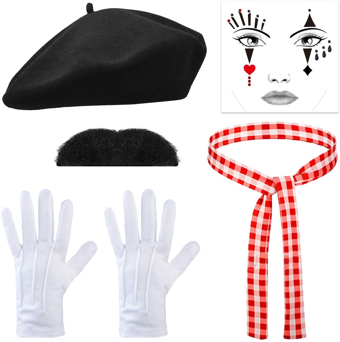 Dailygoods- Mime-kostuum 6 Stuks - Dames/Heren - Carnaval - Theatervoorstelling - Kostuumaccessoires - Inclusief accessoires - Theaterkostuum